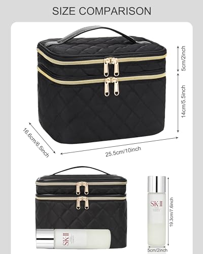 Travel Makeup Bag Organizer, Large Make Up Bag for Women, Double Layer Cosmetic Bag with Removable Dividers, Portable Makeup Case Storage, Black