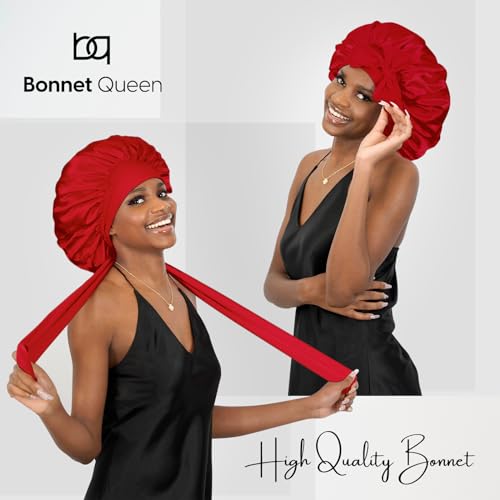 BONNET QUEEN Silk Bonnet for Sleeping Women Satin Bonnet Hair Bonnet night sleep cap scarf wrap for curly hair with tie band red