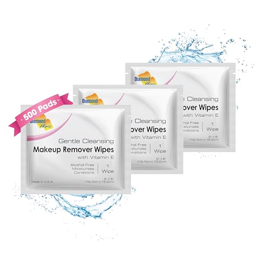 Diamond Wipes Face Cleansing and Waterproof Makeup Remover Wipes, Case of 500 Wipes, Alcohol Free Wipes with Vitamin E