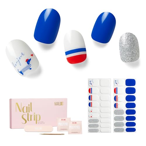 NAILOG Semi Cured Gel Nail Strips - 34 pcs | Buy 2 Get 1 UV Lamp | French Tip Long Lasting Nail Polish Sticker Wraps with Glossy Gel Finish French Flag, Dachshund, Bonjour