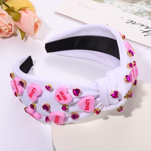 YAHPERN Valentine’s Day Headband for Women Red Pink Heart Knotted Headband Jeweled Rhinestone Crystal Wide Top Knot Hairband Valentine’s Day Hair Accessories Holiday Gifts