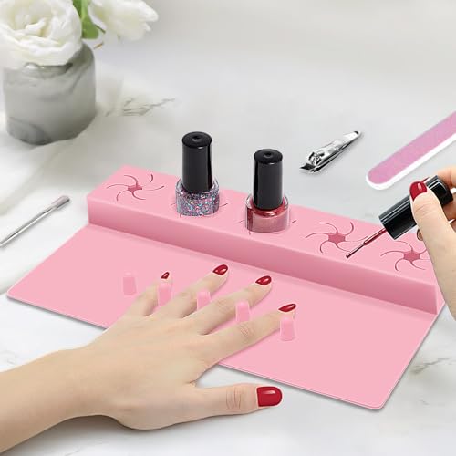 Nail Polish Holder 2 in 1 Silicone Fingernail Painting Tools Nails Art Accessories Organizer Case Set Hand Rest Mat with Anti-Spill Bottle Stand and Finger Separators for Pedicure Manicure (Black)