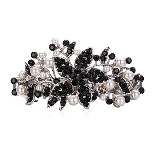 EVER FAITH Austrian Crystal Bridal Hibiscus Flower Leaf Cream Simulated Pearl Hair Clip Barrette Black Silver-Tone