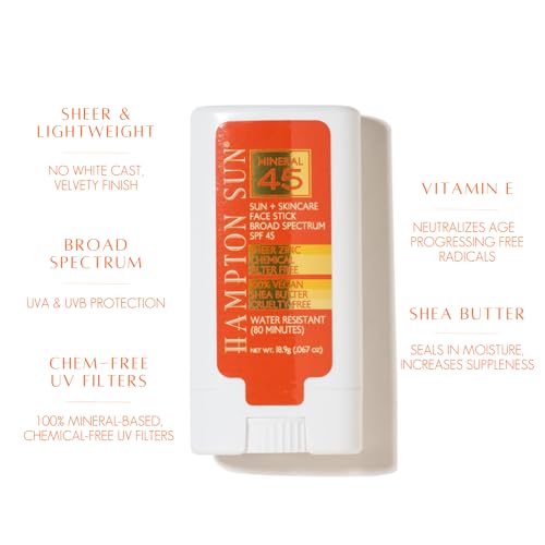 Hampton Sun SPF 45 Mineral Sunscreen Face Stick | Antioxidant-Rich Organic Shea Butter, Sunflower + Vitamin E for Hydrated, Bright Skin | Sheer Broad Spectrum Non-Nano Zinc Oxide | All Skin Types