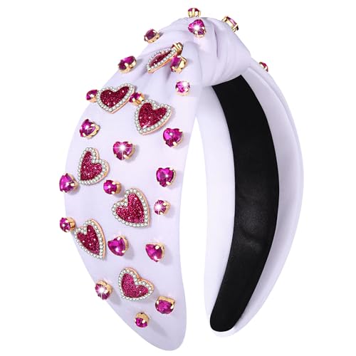 NVENF Valentine’s Day Headband for Women Love Heart Headband Jeweled Crystal Rhinestone Knotted Headband Red Pink Wide Top Knot Headband Valentine’s Day Hair Accessories Gifts (Heart 4)