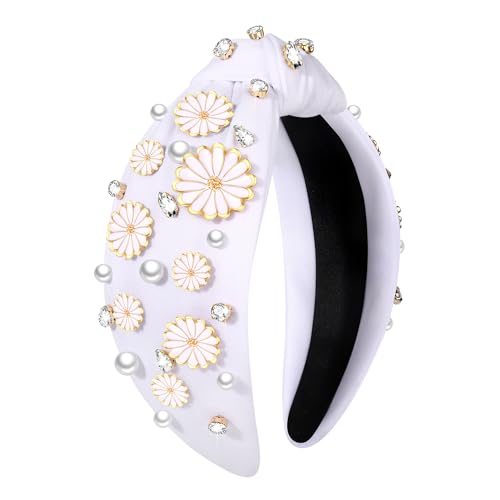 Flower Knotted Headband Boho Spring Rhinestone Crystal Jeweled Flowers Leaf Top Knot Headband Summer Beach Wedding Holiday Party Head Band Hair Accessories Gift for Women Girls (white flower headband)