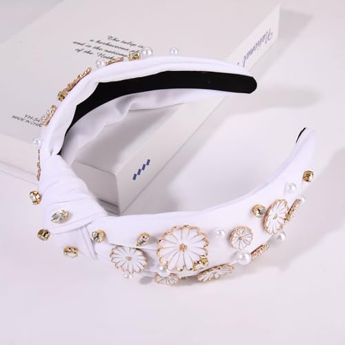 Flower Knotted Headband Boho Spring Rhinestone Crystal Jeweled Flowers Leaf Top Knot Headband Summer Beach Wedding Holiday Party Head Band Hair Accessories Gift for Women Girls (white flower headband)