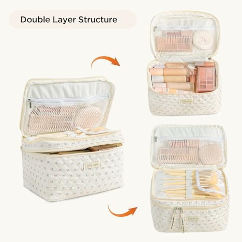 HBselect 2Pcs Double Layer Travel Makeup Bag Women, Cotton Quilted Makeup Bag Coquette Makeup Bag Large Travel Cosmetic Bag Aesthetic Cute Kawaii Cherry Makeup Bag Toiletry Bags for Women Girls