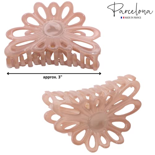 Parcelona French Plume 3" Celluloid No Slip Grip French Covered Spring Jaw Hair Claw Durable Styling Hair Accessories Women Strong Hold Girls Hair Claw Clips, Made in France (Blush Pink)