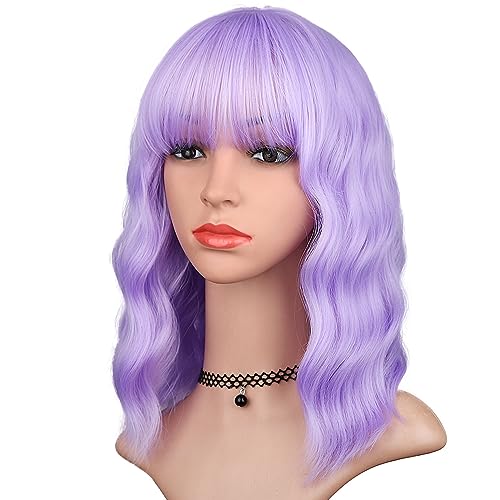 HAIRUP Lavender Wig with Bangs for Women, Short Wavy Curly Bob Wig Light Purple Wigs 14 Inch Shoulder Length Colored Pastel Purple Wig Daily Party Cosplay Wigs