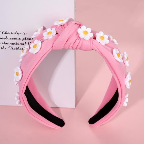 NVENF Flower Headbands for Women Spring Summer Floral Knotted Headbands Crystal Rhinestone White Pink Wide Top Knot Headband Beach Summer Hair Accessories Outfits Gifts (Flower A-Pink3)