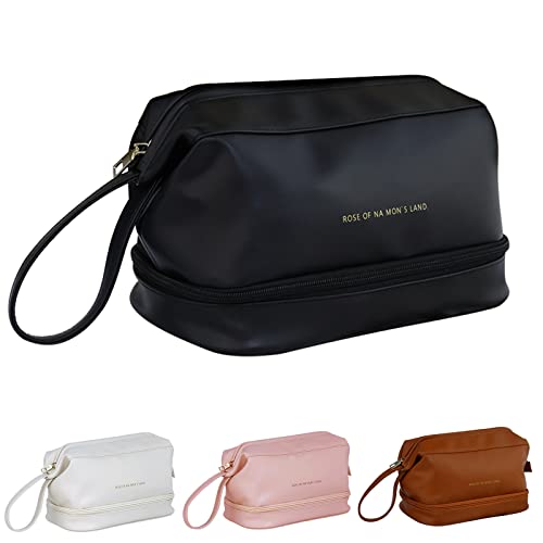 Double Layer PU Makeup Bag, Travel Makeup Bag, Large Capacity Travel Makeup Bag, Ladies Toiletry Bag, Portable Leather Toiletry bag, Daily Carry-on Toiletry bag (Classic Black)