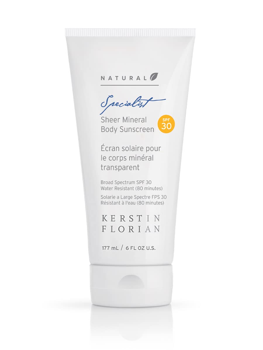 Kerstin Florian Sheer Mineral Body Sunscreen SPF 30, Waterproof UVA/UVB Sun Protection with Natural Zinc Oxide, Reef Safe Fragrance-Free Formula for Sensitive Skin to Moisturize & Protect, 6 fl oz