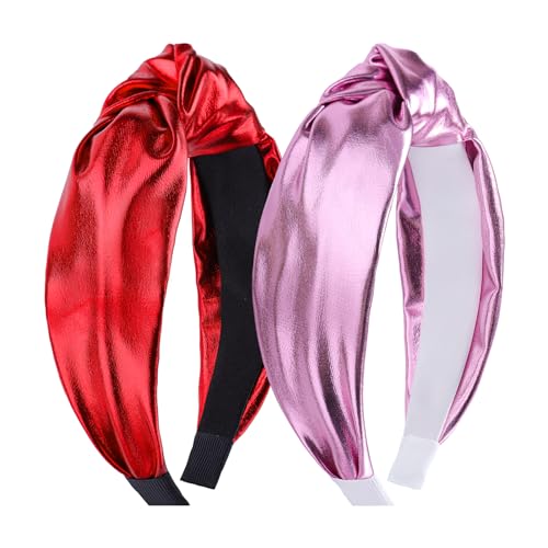 YanJie Valentines Knotted Headbands Red Sequin Headbands for Women Leather Wide Headband Top Knot Fashion Hairband Sparkle Headwear Glitter Hair Accessories for Girls Pink