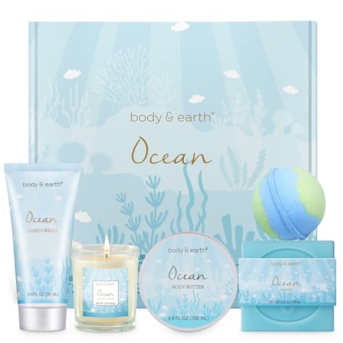 Gifts for Women, Bath and Body Gift Set for Women with 5 Pcs Ocean Scented Spa Gifts for Women, Bath Sets Includes Scented Candle, Body Butter, Hand Cream, Bath Bomb, Bath Gifts for Women