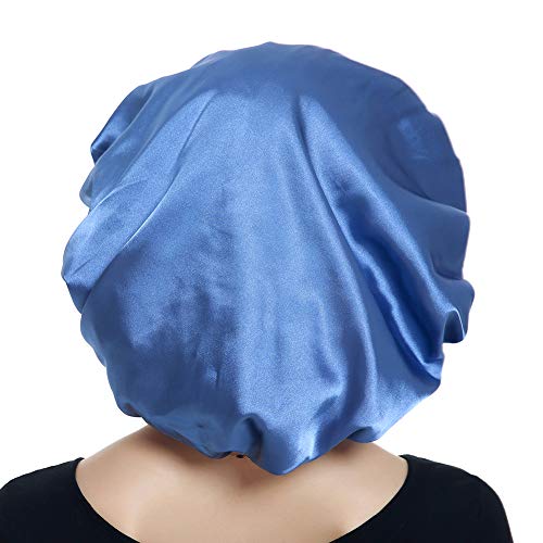 Double Layer Bonnet Long Satin Cap Head Wrap for Sleeping Blue