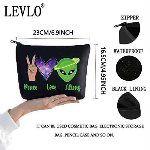 LEVLO Funny Alien Cosmetic Bag Alien Lover Gift Peace Love Alien Makeup Zipper Pouch Bag UFO ET Fans Gift (Peace Alien Black)