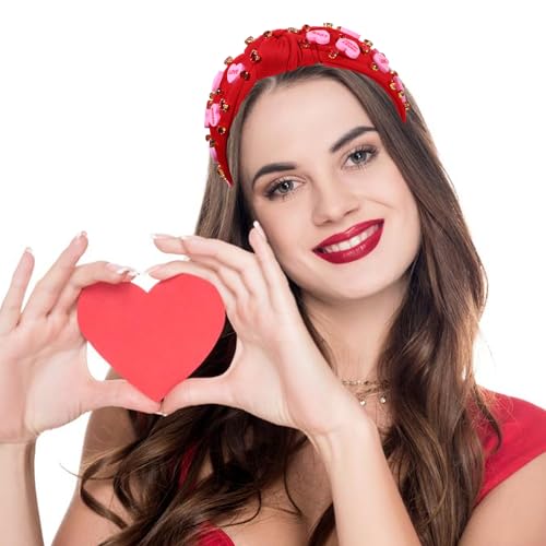 YAHPERN Valentine’s Day Headband for Women Red Pink Heart Knotted Headband Jeweled Rhinestone Crystal Wide Top Knot Hairband Valentine’s Day Hair Accessories Holiday Gifts (Letter Heart)