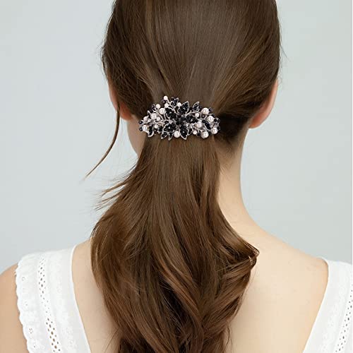 EVER FAITH Austrian Crystal Bridal Hibiscus Flower Leaf Cream Simulated Pearl Hair Clip Barrette Black Silver-Tone