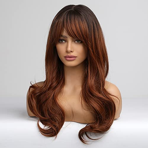 HAIRCUBE Reddish Brown Wigs for Women,Long Wave Synthetic Wigs with Bangs Heat Resistant Fibre Wig Natural looking