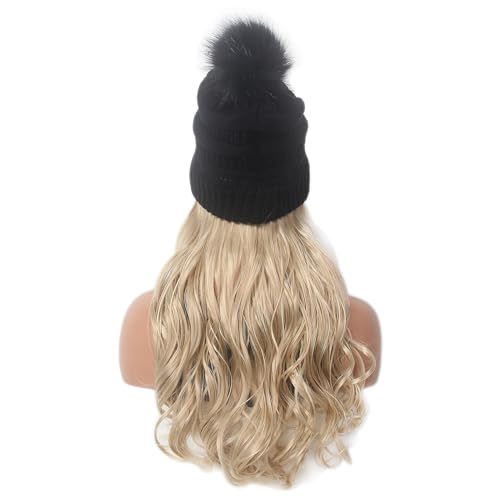 STfantasy Long Wavy Curly Hair Extensions Knit with Beanie Hat 26inch Heat Resistant Synthetic Wig Sewing Hairpiece Warm Pom for Women Winter Daily Wear (Blonde)