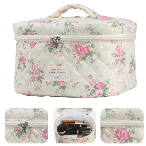 NATINSA Cute Makeup Bag for Women(2 Pcs), Travel Cosmetic Bags, Quilted Coquette Aesthetic Floral Toiletry Organizer Bag (21 - Pink Flower)