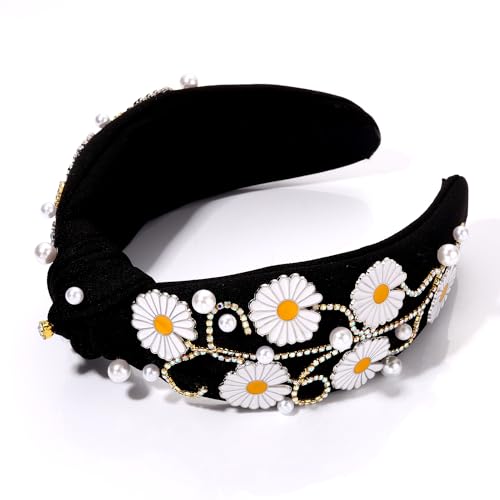 Flower Knotted Headband Boho Spring Rhinestone Crystal Jeweled Flowers Leaf Top Knot Headband Summer Beach Wedding Holiday Party Head Band Hair Accessories Gift for Women Girls