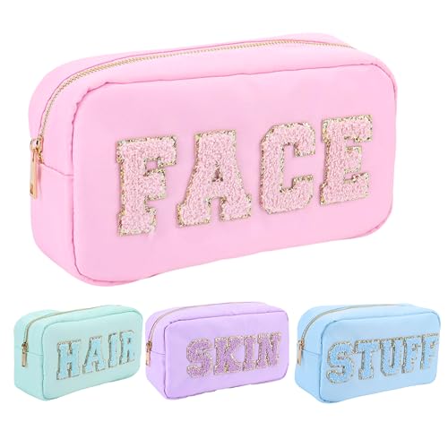 Bodhi Life Preppy Makeup Bag Set, 4 Pcs Chenille Letter Patch Cosmetic Pouch for Travel, NYlon Organizers for Hair, Skin, Face, Stuff, Cute Essentials for Women and Teens