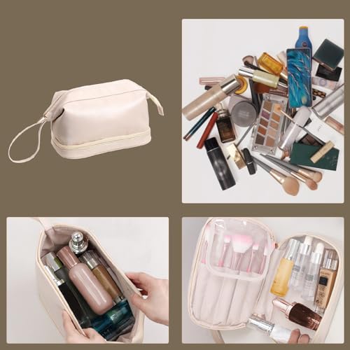 Qinyurj Travel Makeup Bag, Double Layer Cosmetic Bag, Leather Makeup Bag Organizer,Large Wide-open Toiletry Bag for Women(Off-White)