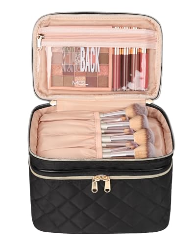 Travel Makeup Bag Organizer, Large Make Up Bag for Women, Double Layer Cosmetic Bag with Removable Dividers, Portable Makeup Case Storage, Black