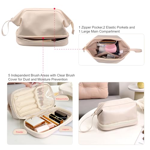 Qinyurj Travel Makeup Bag, Double Layer Cosmetic Bag, Leather Makeup Bag Organizer,Large Wide-open Toiletry Bag for Women(Off-White)