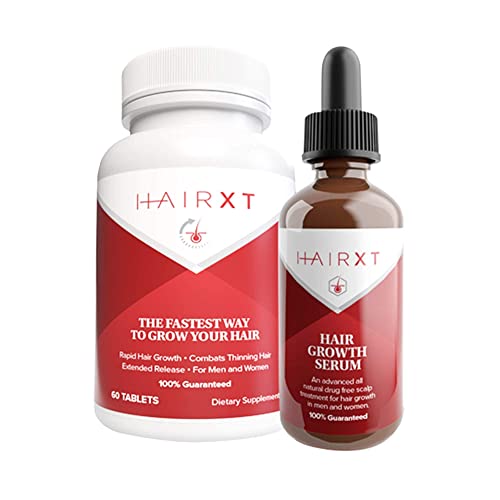 HairXT100 Hair Vitamins & Serum For Men & Women – Promotes hair Growth, Thickens, Fights Hair Loss, & Nourishes Scalp – Includes Over 20 Essential Hair Care Ingredients In One Bundle – 60 Cap, 2 oz