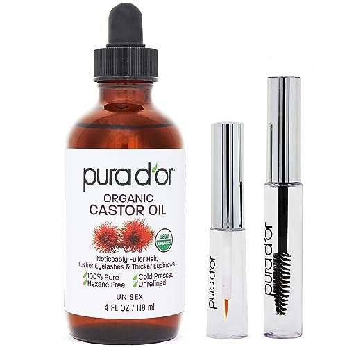 PURA D'OR 4 Oz ORGANIC Castor Oil - 100% Pure USDA Certified Cold Pressed, Hexane Free Eyelash & Eyebrow Growth Serum - 2 Empty Bonus Applicators - For Fuller, Thicker Lashes & Brows - Skin & Hair