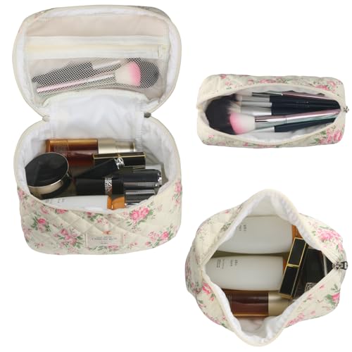 NATINSA Cute Makeup Bag for Women(2 Pcs), Travel Cosmetic Bags, Quilted Coquette Aesthetic Floral Toiletry Organizer Bag (21 - Pink Flower)