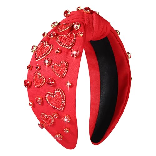 NVENF Valentine’s Day Headband for Women Love Heart Headband Jeweled Crystal Rhinestone Knotted Headband Red Pink Wide Top Knot Headband Valentine’s Day Hair Accessories Gifts (Red Heart 9)