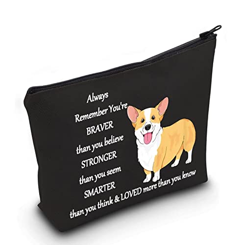 LEVLO Corgi Dog Cosmetic Make up Bag Corgi Lover Gift Corgi You Are Braver Stronger Smarter Than You Think Makeup Zipper Pouch Bag For Dogs Owner Corgi Mom (Corgi Black)