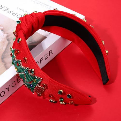 Christmas Headband for Women Holiday Christmas Accessories Beaded Xmas Bow Tree Snowflake HOHOHO Knotted Headband Red Green Crystal Pearl Top Knot Headband Festive Holiday Gifts (Xmas Tree 6)