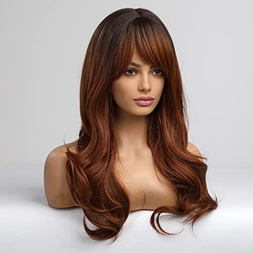 HAIRCUBE Reddish Brown Wigs for Women,Long Wave Synthetic Wigs with Bangs Heat Resistant Fibre Wig Natural looking