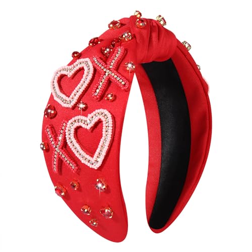 NVENF Valentine’s Day Headband for Women Love Heart Headband Jeweled Crystal Rhinestone Knotted Headband Red Pink Wide Top Knot Headband Valentine’s Day Hair Accessories Gifts (Bead XO)