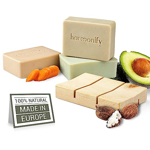 HARMONIFY All Natural 3 Set of Soap Bars, (Avocado, Carrot, Shea Butter) with Wooden Soap Dish, Assortment of Hand-Made Soaps, Skin Revitalizing and Moisturizing, Healthy, Made in Europe