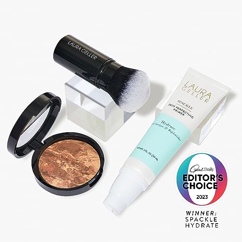 LAURA GELLER NEW YORK Face the Day Kit (3 PC) - Balance-n-Brighten Foundation, Deep + Spackle Skin Perfecting Primer, Hydrate + Airbrush Round Kabuki Brush