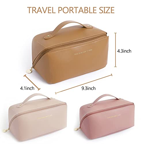 BAKLUCK Makeup Bag Leather Large Capacity Travel Cosmetic Bag Quilted Makeup Bag With Compartments Waterproof Portable Cosmetic Travel Bag for Women with Handle Brown Make up Bag