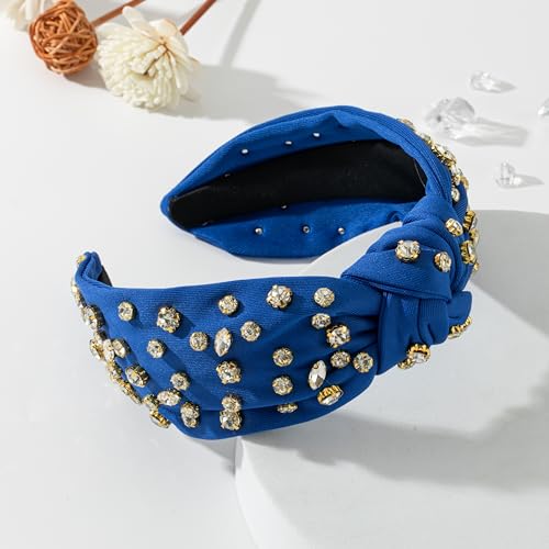 Mixcbe Rhinestone Knotted Headbands for Women, Crystal Beaded Jeweled Headbands, Fashion Hairbands Hair Accessories (Darkblue)