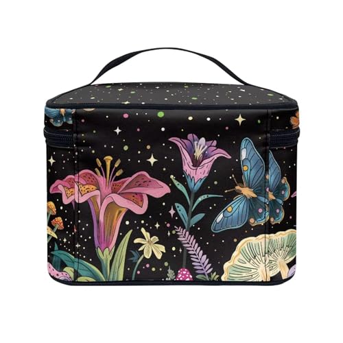 Biyejit Flowers Butterfly Makeup Bag Travel Make Up Organizer Cosmetic Brush Bags Case Protable Travel Zipper Pouch for Women Girls