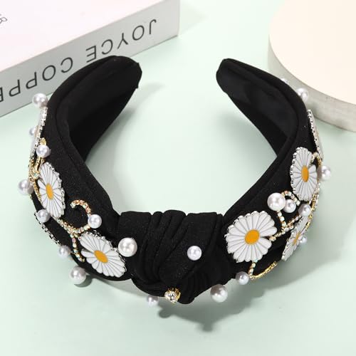 Flower Knotted Headband Boho Spring Rhinestone Crystal Jeweled Flowers Leaf Top Knot Headband Summer Beach Wedding Holiday Party Head Band Hair Accessories Gift for Women Girls