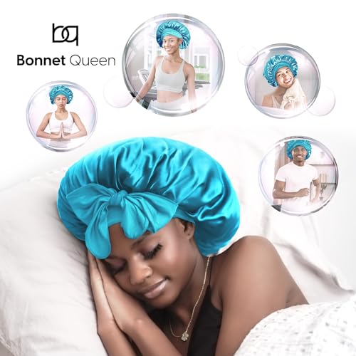 BONNET QUEEN Silk Bonnet for Sleeping Women Satin Bonnet Hair Bonnet Night Sleep Cap Scarf wrap for Curly Hair with tie Band Aqua