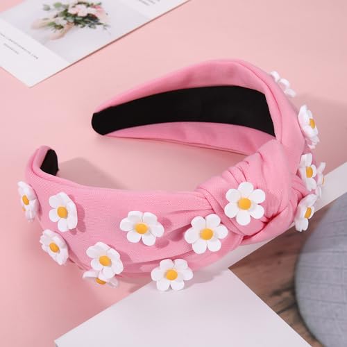 NVENF Flower Headbands for Women Spring Summer Floral Knotted Headbands Crystal Rhinestone White Pink Wide Top Knot Headband Beach Summer Hair Accessories Outfits Gifts (Flower A-Pink3)