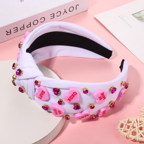 YAHPERN Valentine’s Day Headband for Women Red Pink Heart Knotted Headband Jeweled Rhinestone Crystal Wide Top Knot Hairband Valentine’s Day Hair Accessories Holiday Gifts