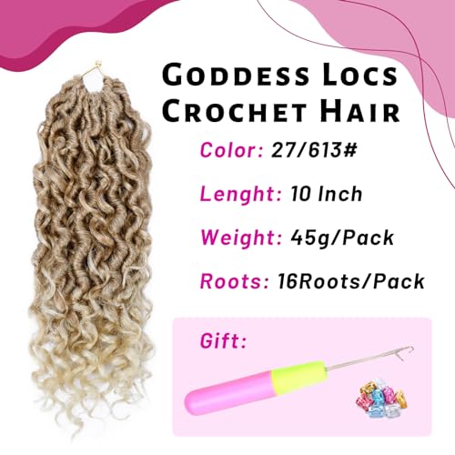 Goddess Locs Crochet Hair 10 Inch, 7 Packs Faux Locs Crochet Hair for Black Women, Boho Locs Crochet Braids Pre Looped River Locs Crochet Hair with Curly Ends (10 Inch 7 Packs, 27/613)