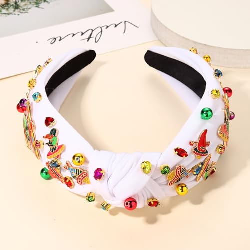 NVENF Mexican Headband for Women Cinco De Mayo Fiesta Pianata Chili Sombrero Headband Rhinestone Crystal Jeweled Wide Top Knot Headband Mexican Hair Accessories Gifts (Mixed C-White)